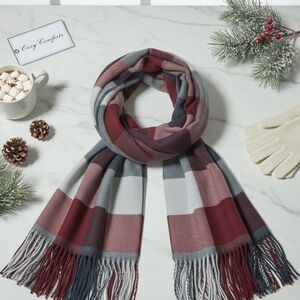 Clara Clark Elegant Plaid Designer Scarf - Burgundy and Gray